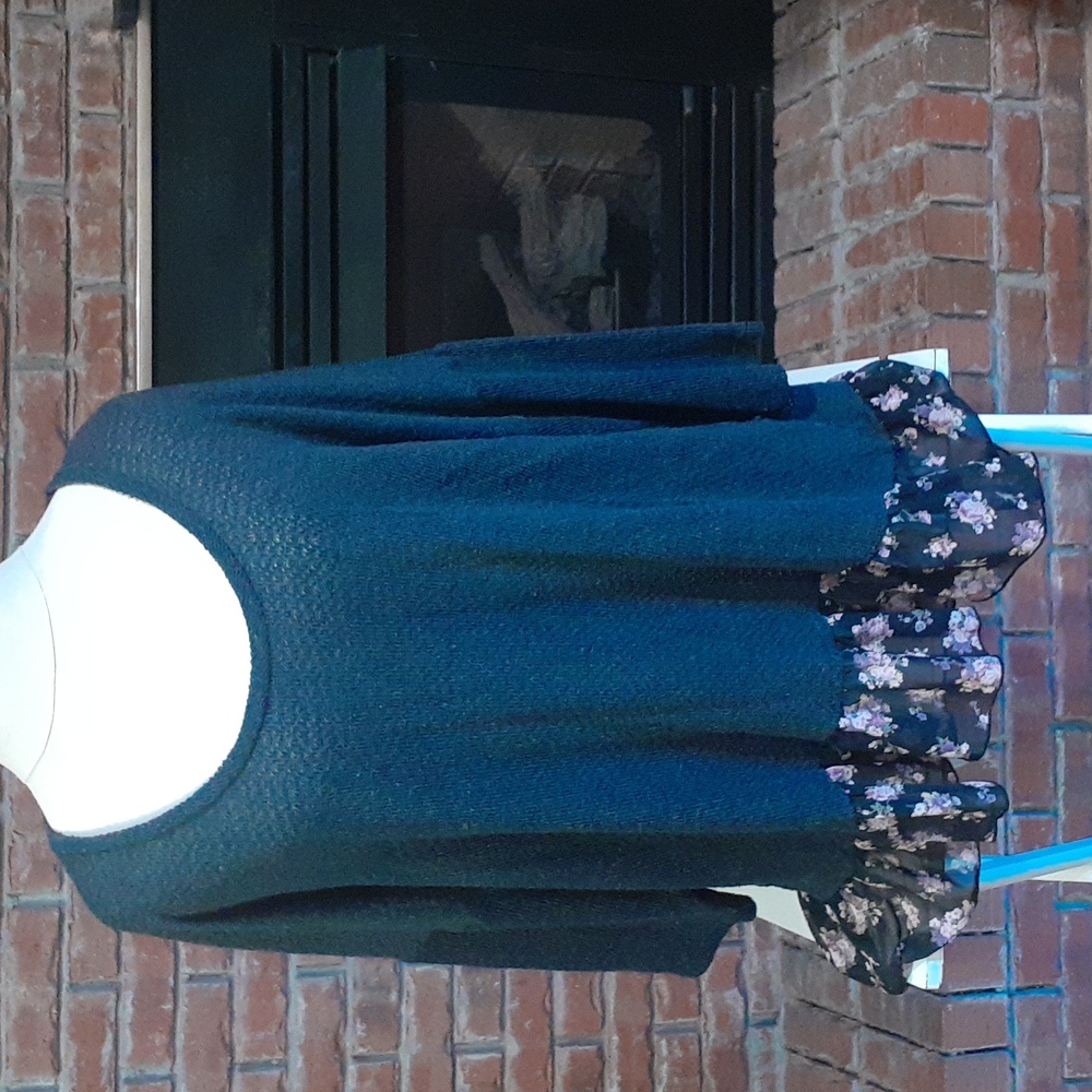 Living Doll Charcoal Knit Top with Pink Floral Trim